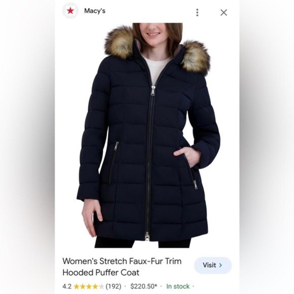 Women's Stretch Faux-Fur Trim Hooded Puffer Coat - Laundry by Shelly Segal - Picture 2 of 8